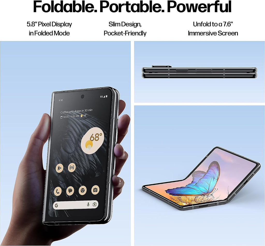 Google Pixel Fold Phone - Unlocked Android 5G Smartphones with 7.6" OLED Display, 256GB Storage, 12GB RAM, Triple Camera, Foldable Split-Screen Design, 24Hr Battery, Wireless Charging Bundle, Obsidian