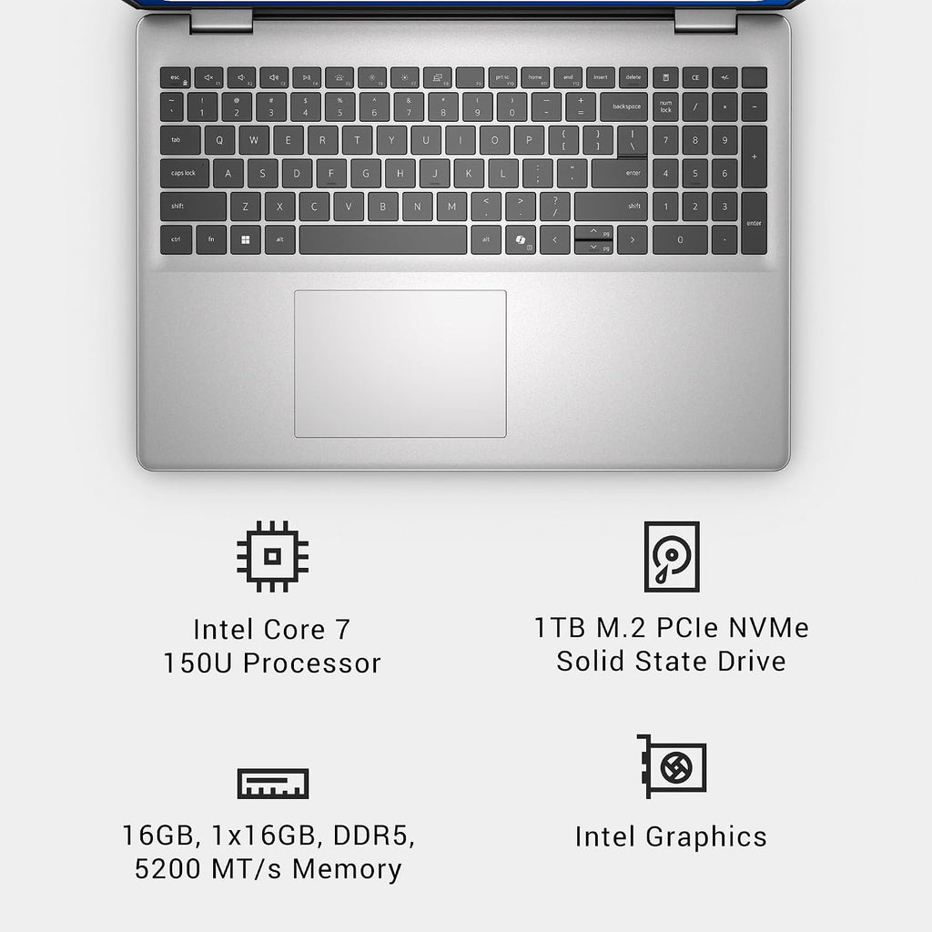 Dell 16 Laptop DC16251, FHD+, Intel Core 7 150U, 16GB RAM, Windows 11 Home