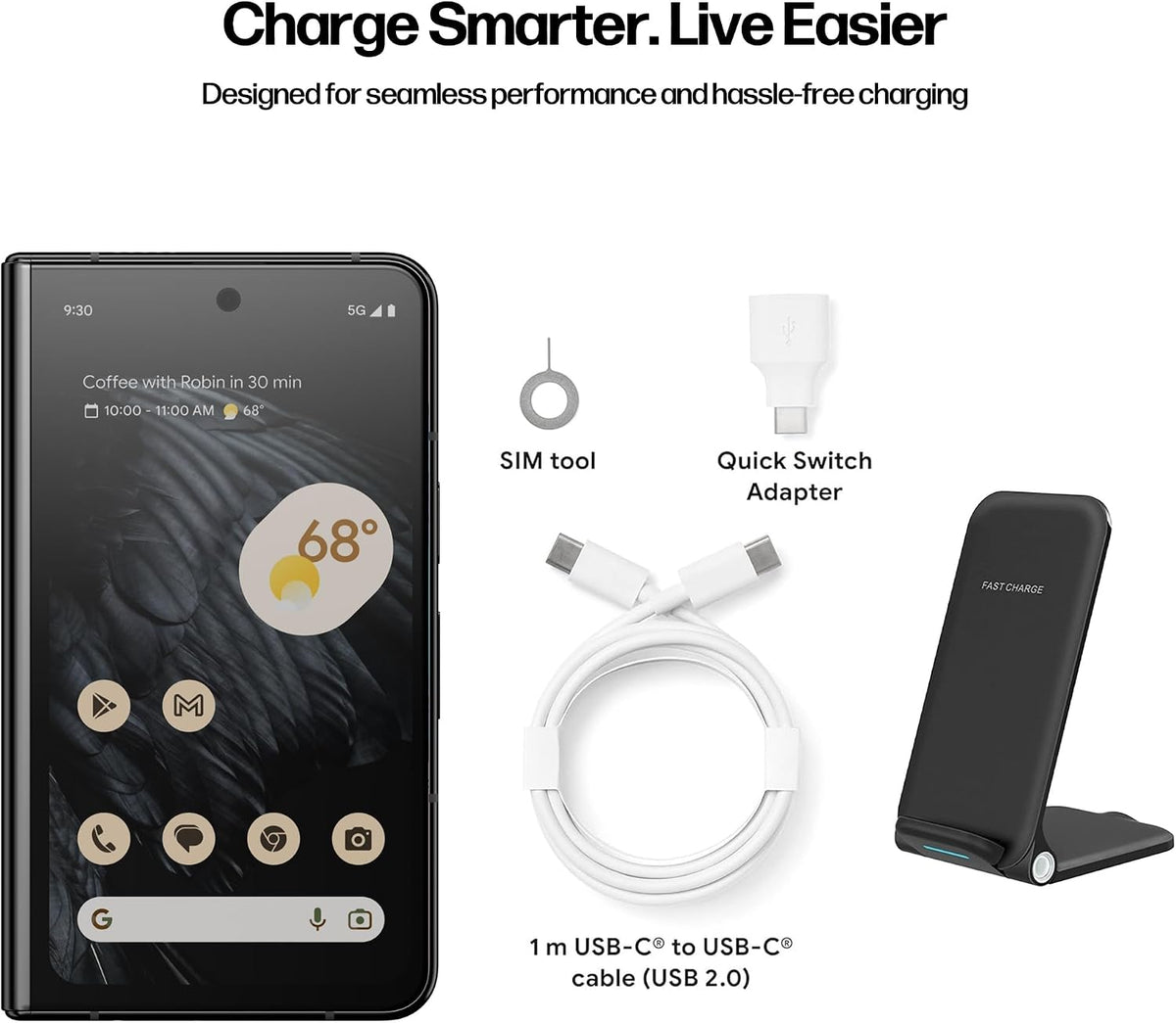 Google Pixel Fold Phone - Unlocked Android 5G Smartphones with 7.6" OLED Display, 256GB Storage, 12GB RAM, Triple Camera, Foldable Split-Screen Design, 24Hr Battery, Wireless Charging Bundle, Obsidian