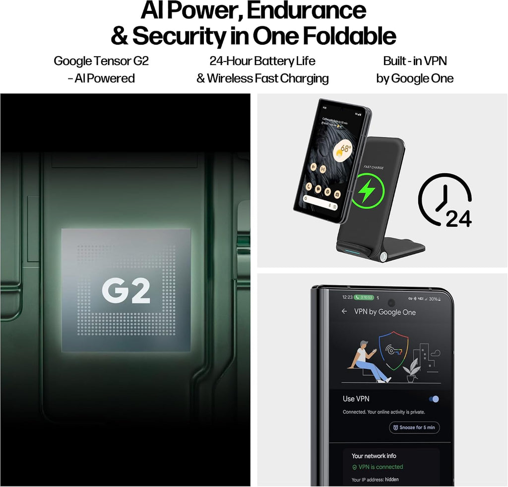 Google Pixel Fold Phone - Unlocked Android 5G Smartphones with 7.6" OLED Display, 256GB Storage, 12GB RAM, Triple Camera, Foldable Split-Screen Design, 24Hr Battery, Wireless Charging Bundle, Obsidian