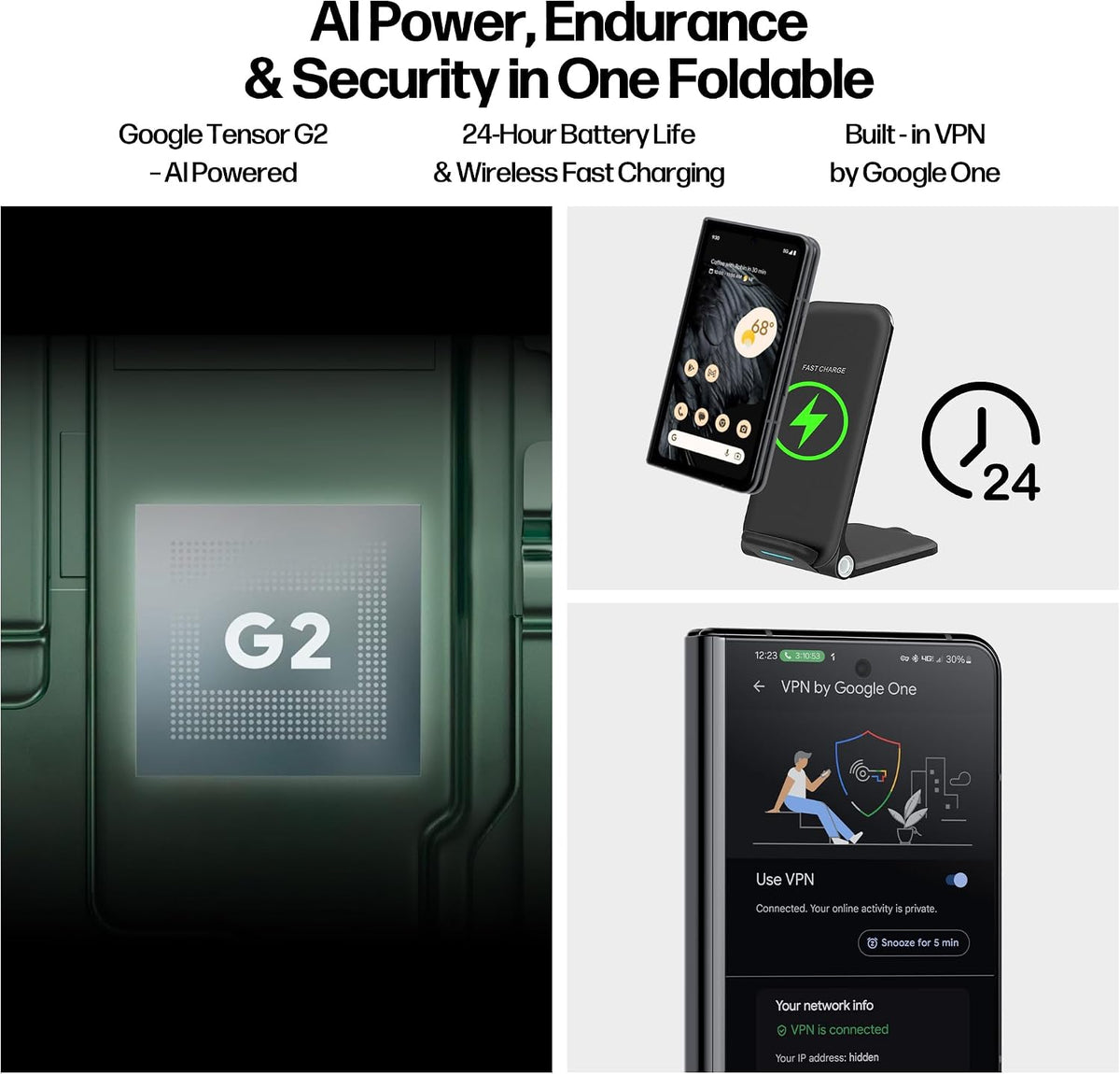 Google Pixel Fold Phone - Unlocked Android 5G Smartphones with 7.6" OLED Display, 256GB Storage, 12GB RAM, Triple Camera, Foldable Split-Screen Design, 24Hr Battery, Wireless Charging Bundle, Obsidian