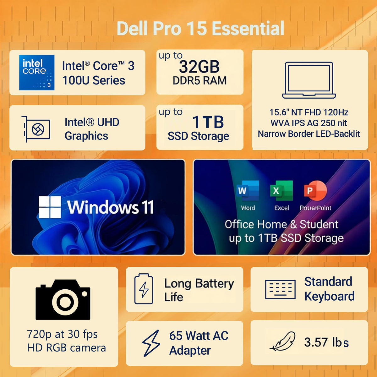 Dell Pro 15 Essential Laptop, Intel Core 3 100U, 16GB DDR5, 512GB SSD, FHD
