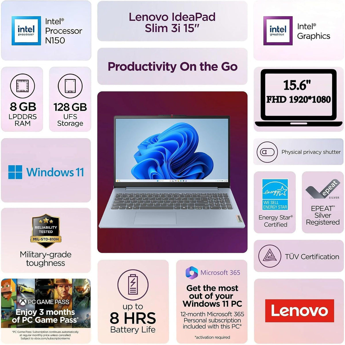 Lenovo Essential 15.6" FHD Laptop, Intel Processor, 8GB DDR5, 128GB Storage