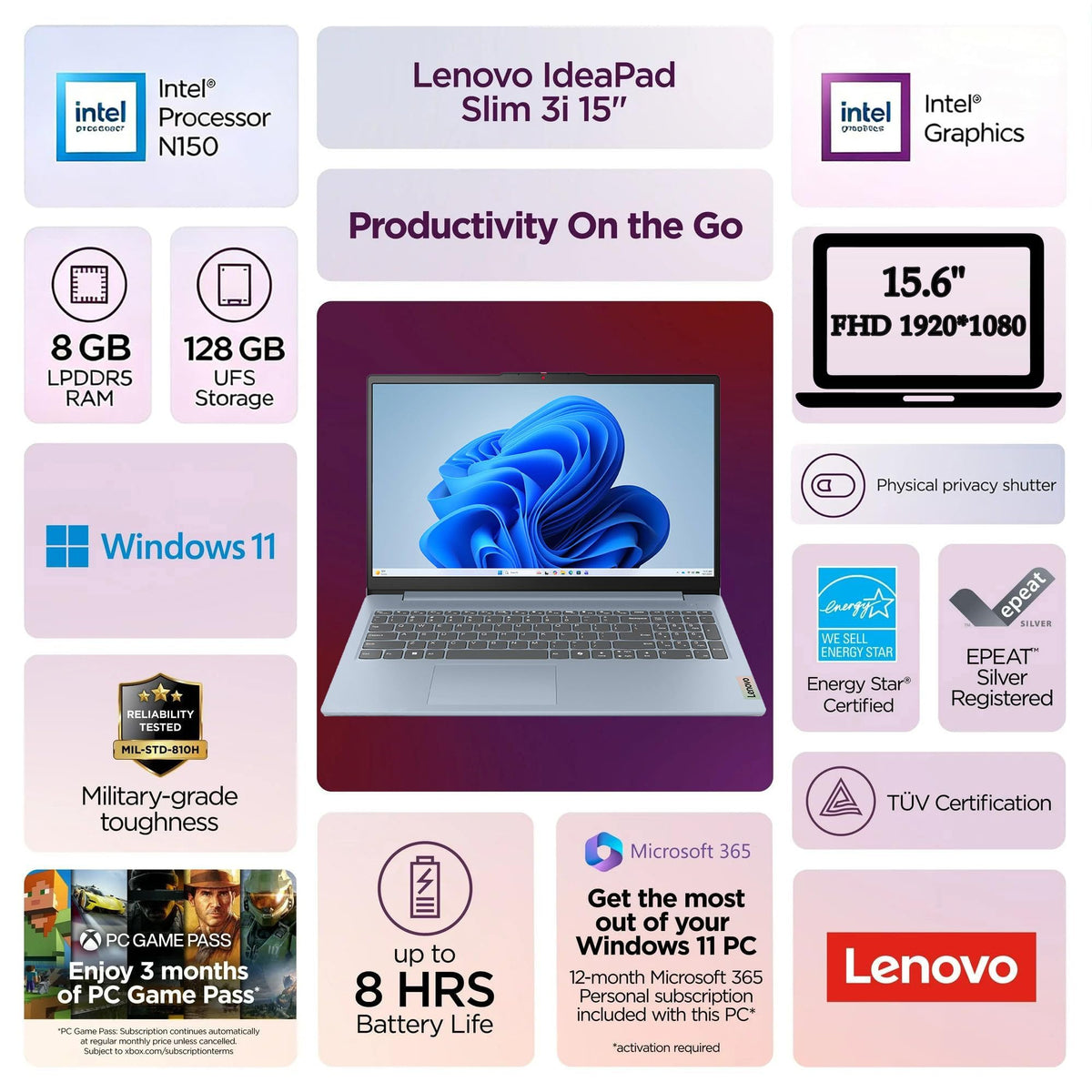 Lenovo Essential 15.6" FHD Laptop, Intel Processor, 8GB DDR5, 128GB Storage