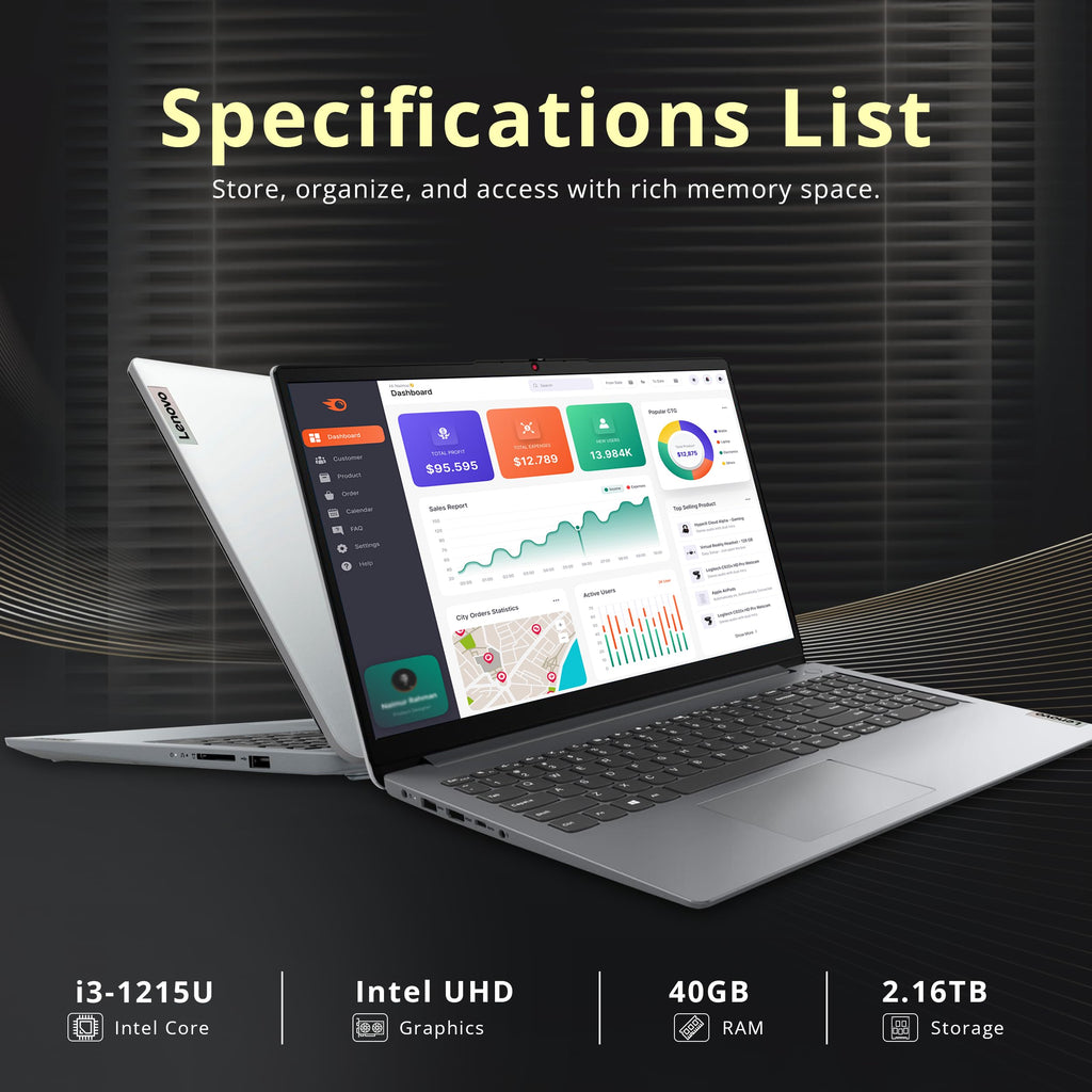 Lenovo Ideapad 1i 15.6" FHD Touchscreen Laptop, Intel i3 1215U, 40GB RAM, 1.16TB Storage(1TB SSD+160GB Docking Station Set), Intel UHD Graphics, Full Size Keyboard, Win11 Pro, Gray