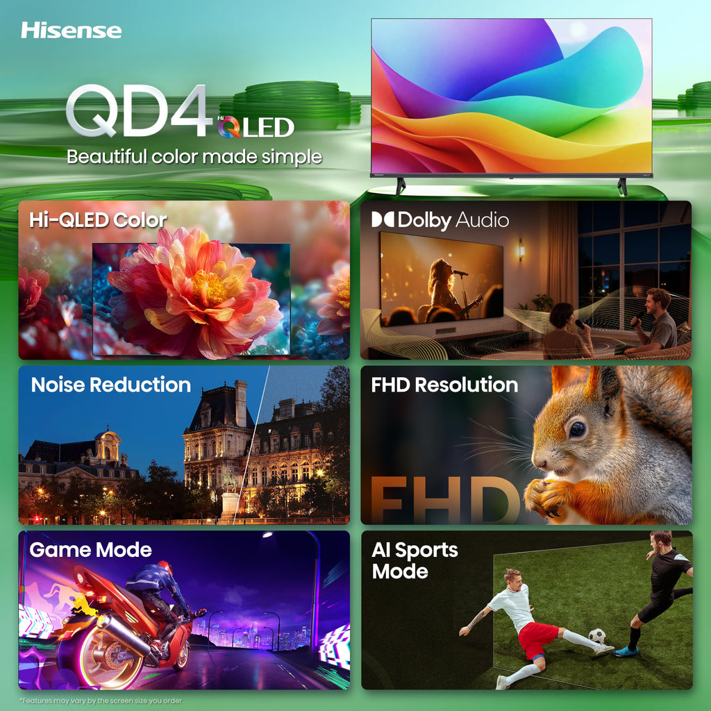 Hisense 32-Inch Class QD4SR Series Hi-QLED HD Smart Roku TV (32QD4HSR, 2026 Model) – Hi-QLED Color, Dolby Audio, Compatible with Alexa, Full Array LED, Slim Bezel Design