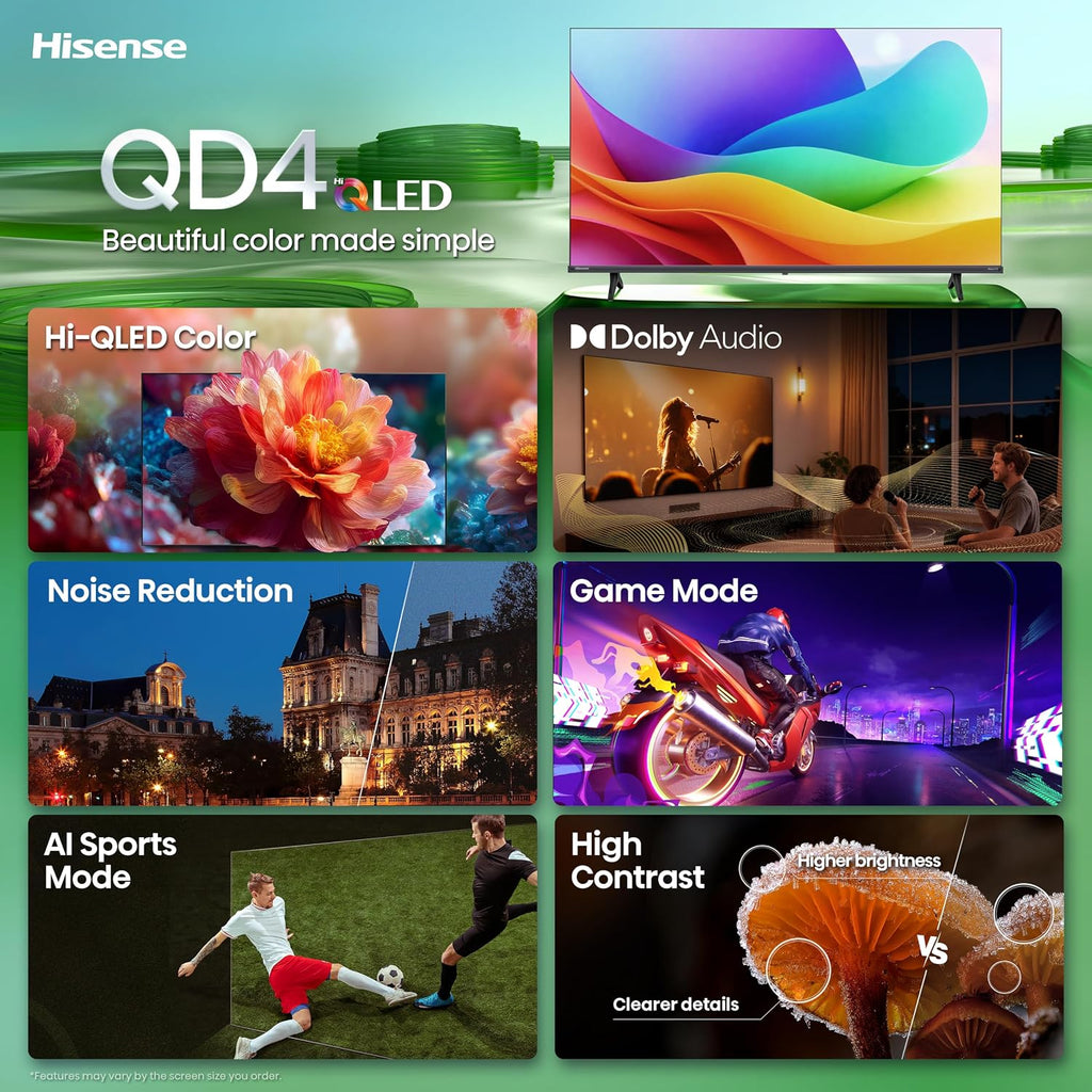 Hisense 32-Inch Class QD4SR Series Hi-QLED HD Smart Roku TV (32QD4HSR, 2026 Model) – Hi-QLED Color, Dolby Audio, Compatible with Alexa, Full Array LED, Slim Bezel Design
