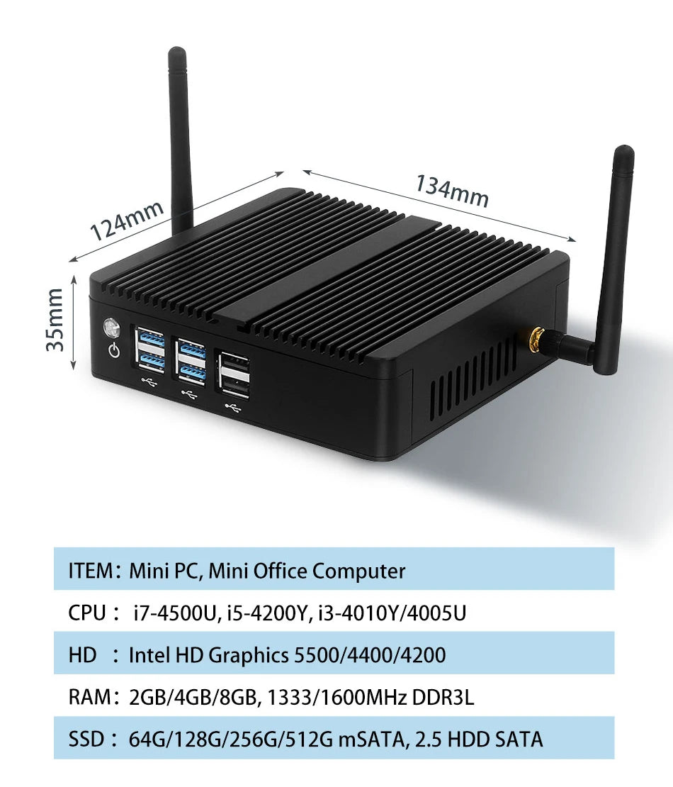 Intel Core i7-4500U i5-4200U Fanless Mini PC with 4xUSB3.0 4xUSB2.0 1xHDMI 1xVGA Support Linux Ubuntu Computer Win10Pro Ready