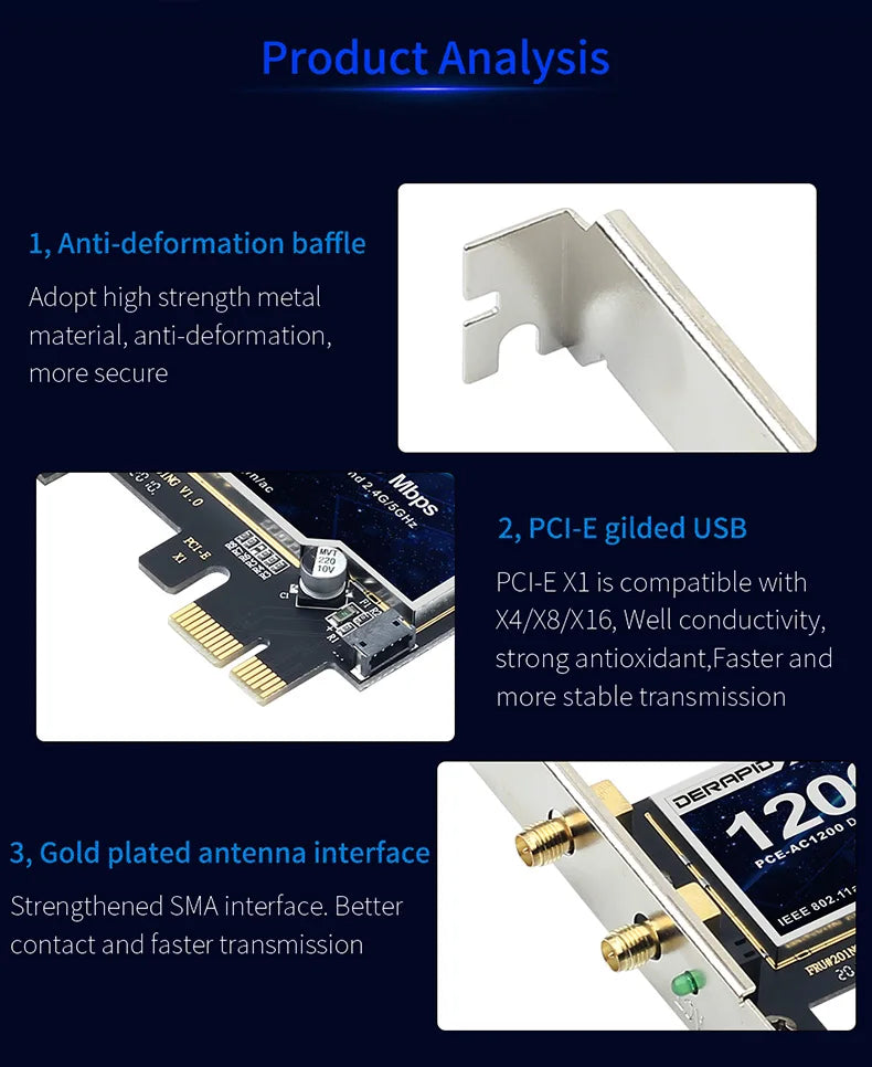 1200Mbps Wireless PCI-e Adapter 802.11ac Bluetooth 4.0 WiFi Wlan Card 2.4G/5GHz Desktop Wifi PCI Express Adapter For Win 7 10 11