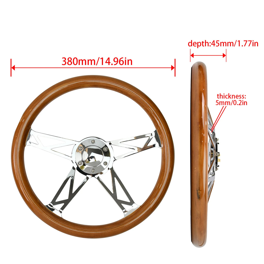 TIYPEOR Universal Classic Solid Wood 15 Inch New Design 4-spoke Bracket Retro Classic Car Steering Wheel