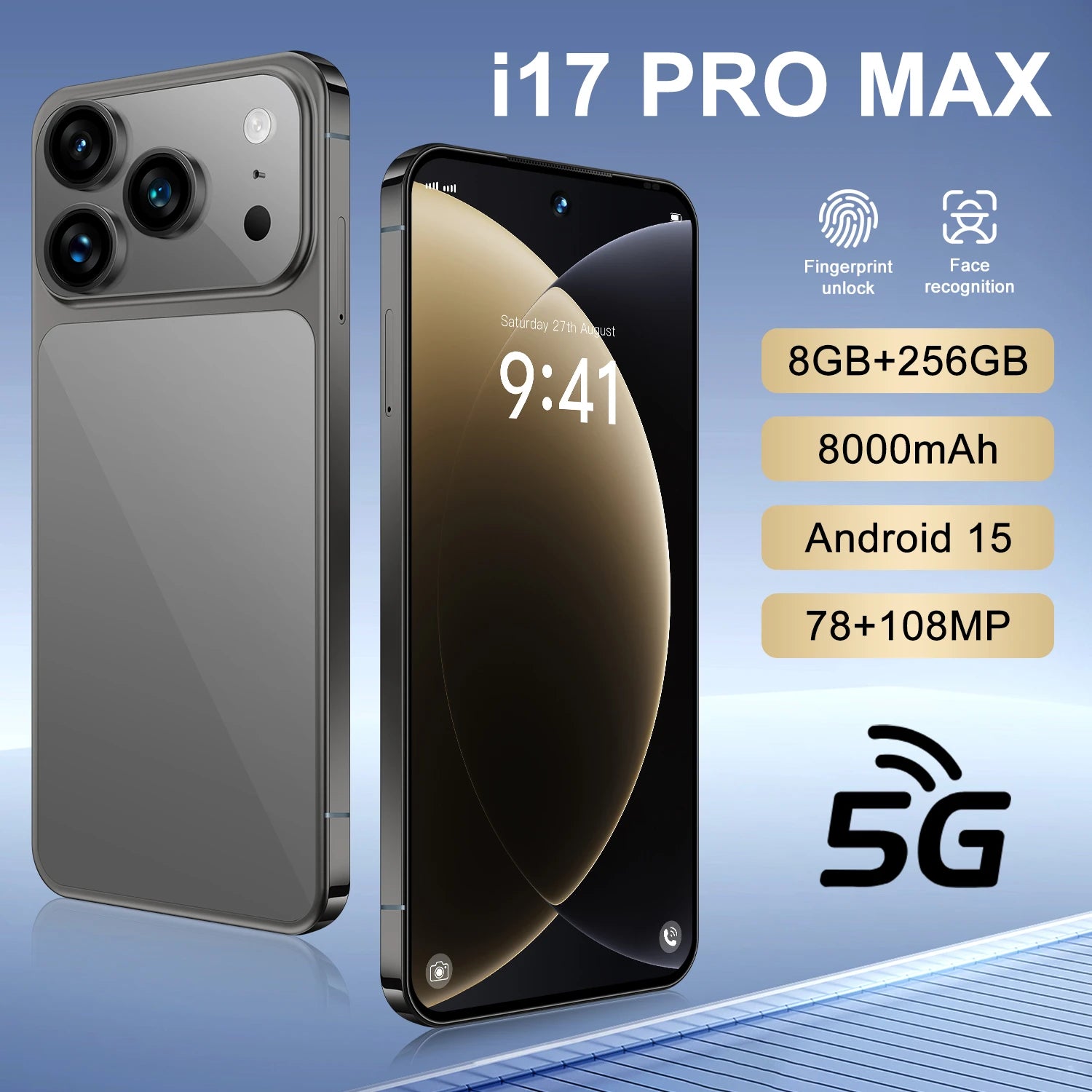 2025 Hot Selling Custom I17 17 Pro Max 5G Smartphone 7.3 Inch Display 8GB+256GB Storage 10 Core MTK Cellphone