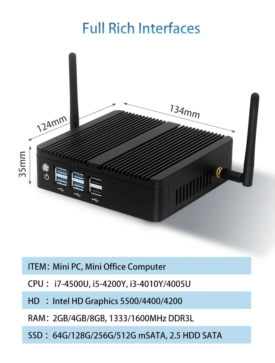 Intel Core i7-4500U i5-4200U Fanless Mini PC with 4xUSB3.0 4xUSB2.0 1xHDMI 1xVGA Support Linux Ubuntu Computer Win10Pro Ready