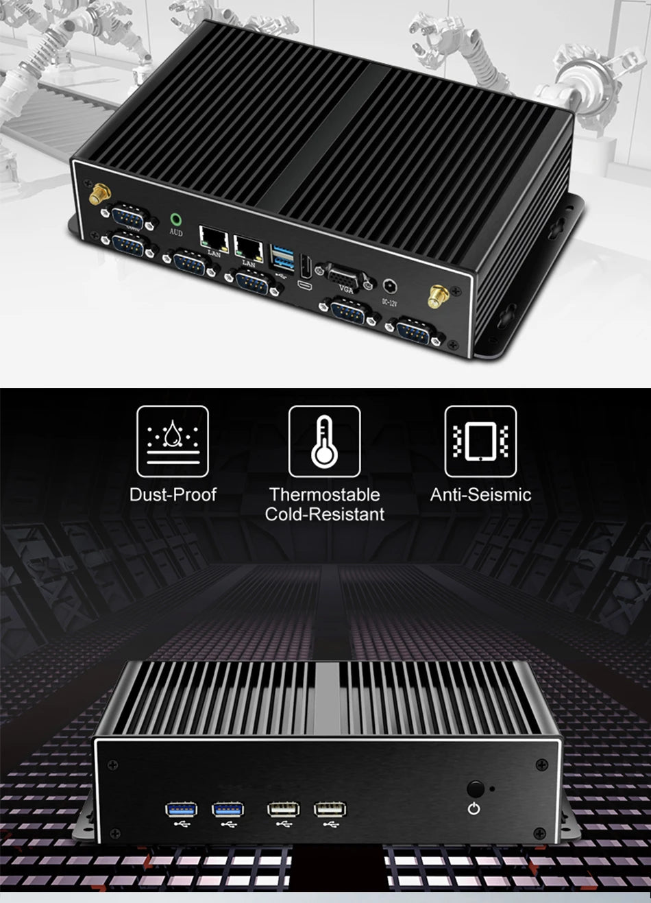 XCY Fanless Industrial Mini PC Intel Core I7 5500U 2x GbE LAN 6x COM RS232 HDMI VGA 6x USB Support WiFi 4G LTE Windows Linux
