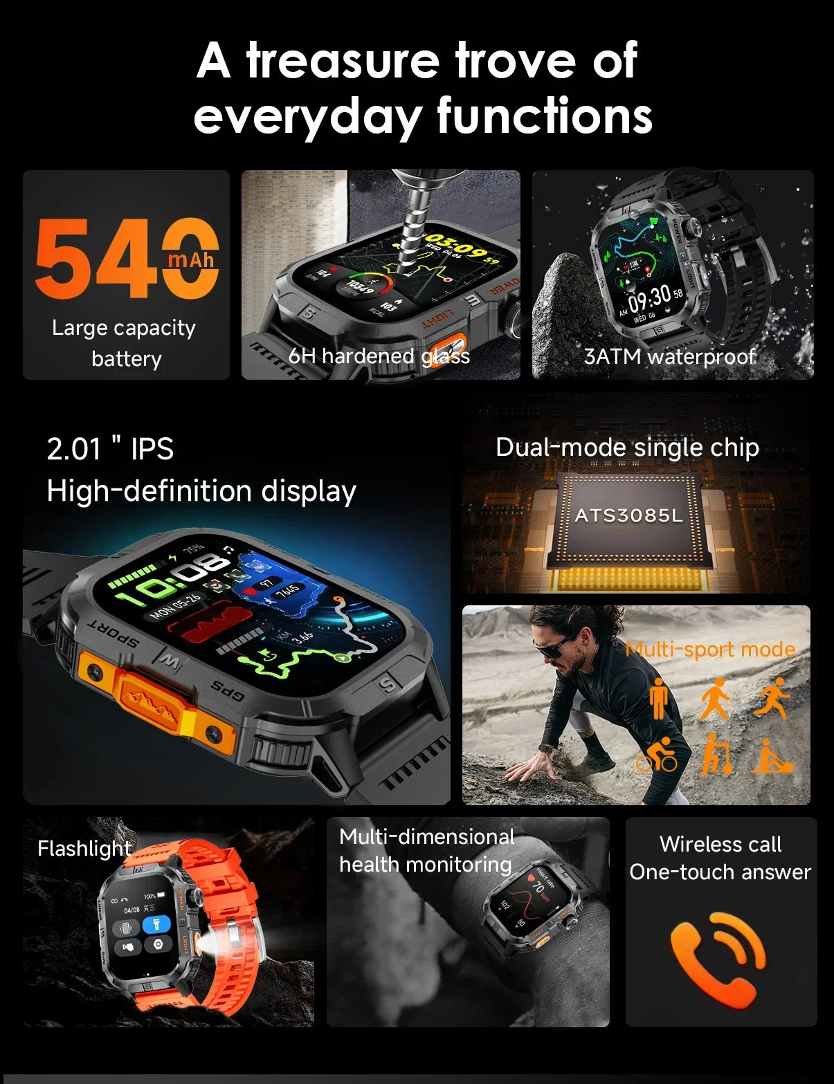 Smart Watch 2.01-inch HD Screen 540mAh 6 Satellite Positioning System 100+ Sports Modes IP68 Waterproof BT Call Smart Watch Men