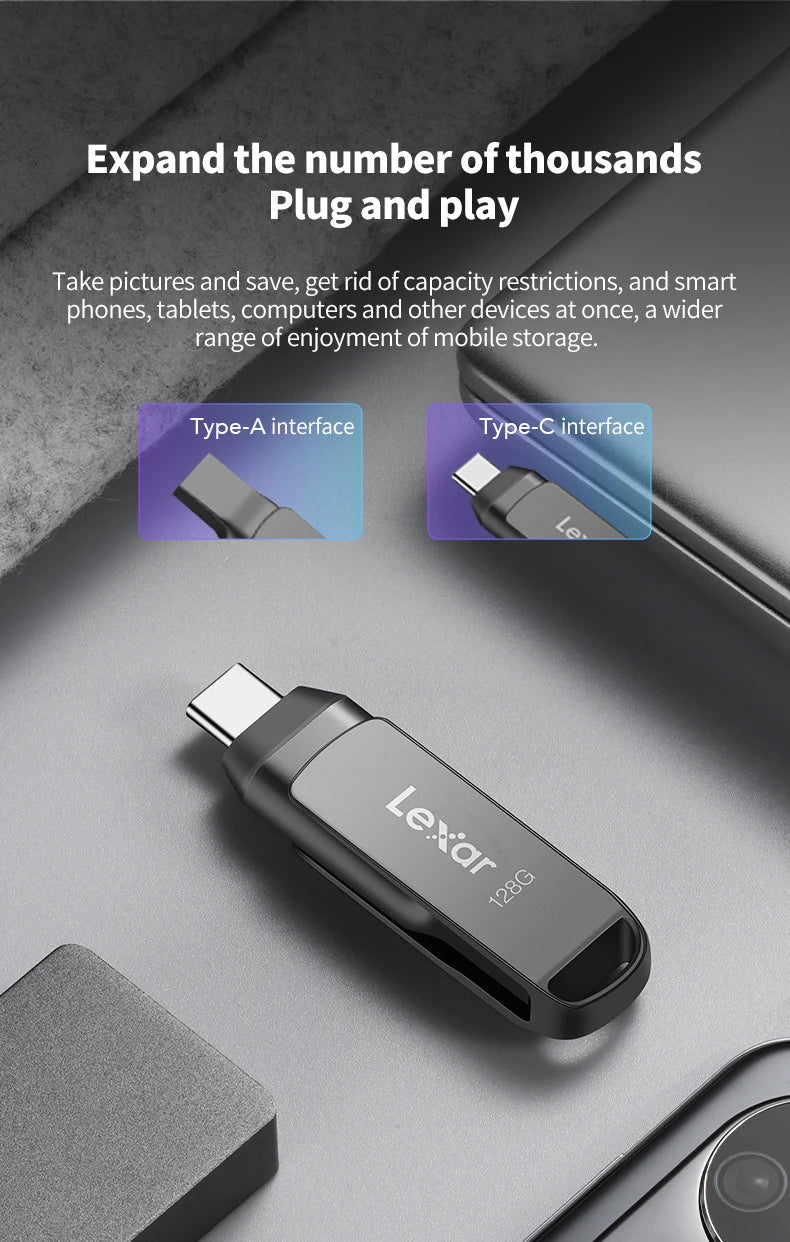 Lexar D400 USB Flash Drive USB 3.1 Type C/A Memory Stick Dual Slot USB Flash Drive 32GB 64GB 128GB 256G For Mobile Phone Compute