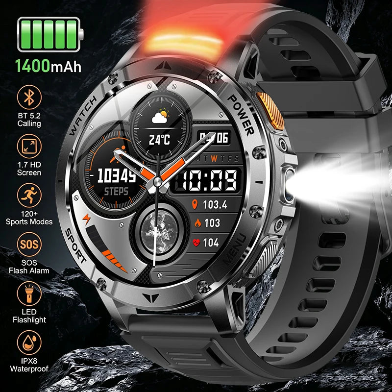 2026 Smartwatch,1400mAh battery,1.7"IPS screen,120+sports,SOS strobe alarm,IPX8 waterproof,LED light,BT Call,Xmas birthday gift