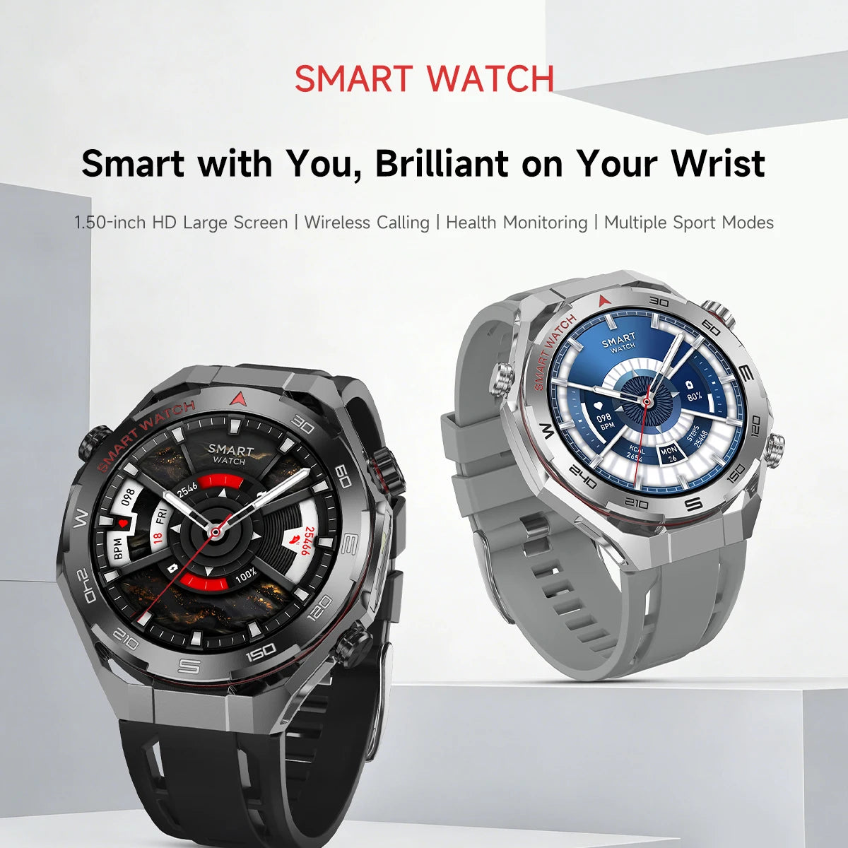2026 smartwatch, 1.5-inch touchscreen, supports wireless calls, music, various sports modes, message sending and alarm functions