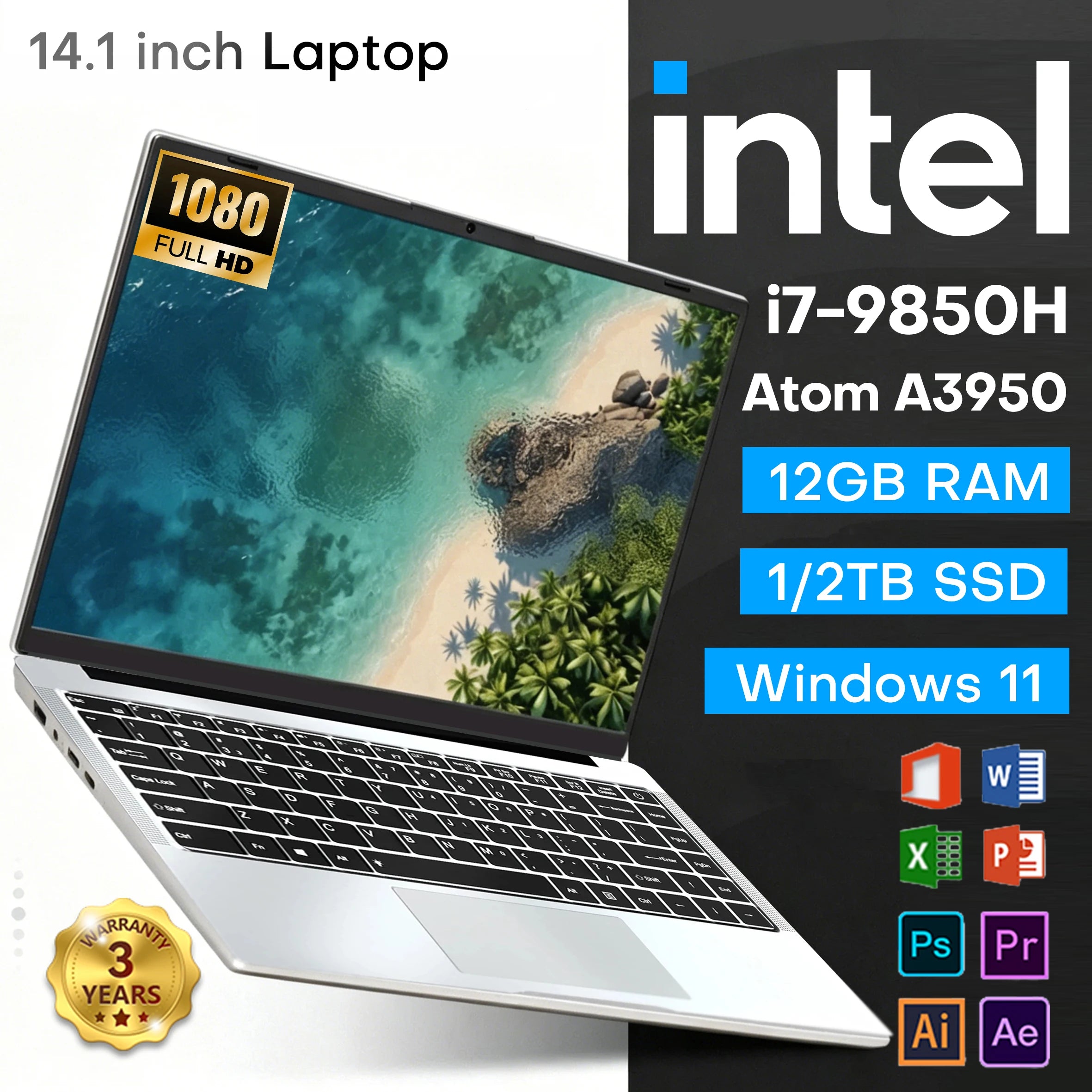 New Laptop Intel Core i7-9850H Atom A3950 Portable Laptop Windows11 Pro 12GB RAM 1TB 2TB M.2 SSD 14.1 inch Office Study Computer