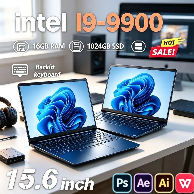 2026 NEW 15.6" Portable Ultra Laptop Intel Core i9-9900, 16GB RAM, 1TB SSD, High Speed Gaming and Office Notebook PC