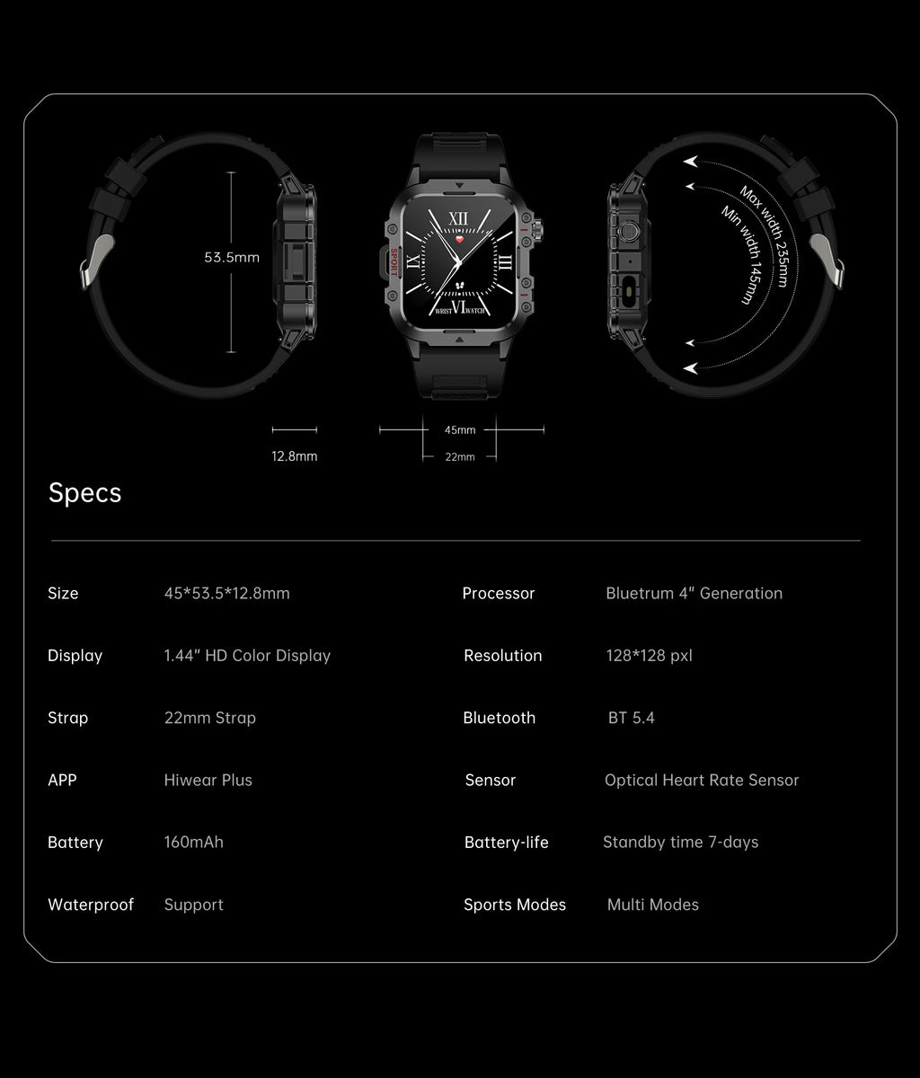 2026 New Military Smart Watch Men IP67 3ATM Outdoor Sports Fitness Tracker Health Monitor 1.44Inch BT Call Smartwatch