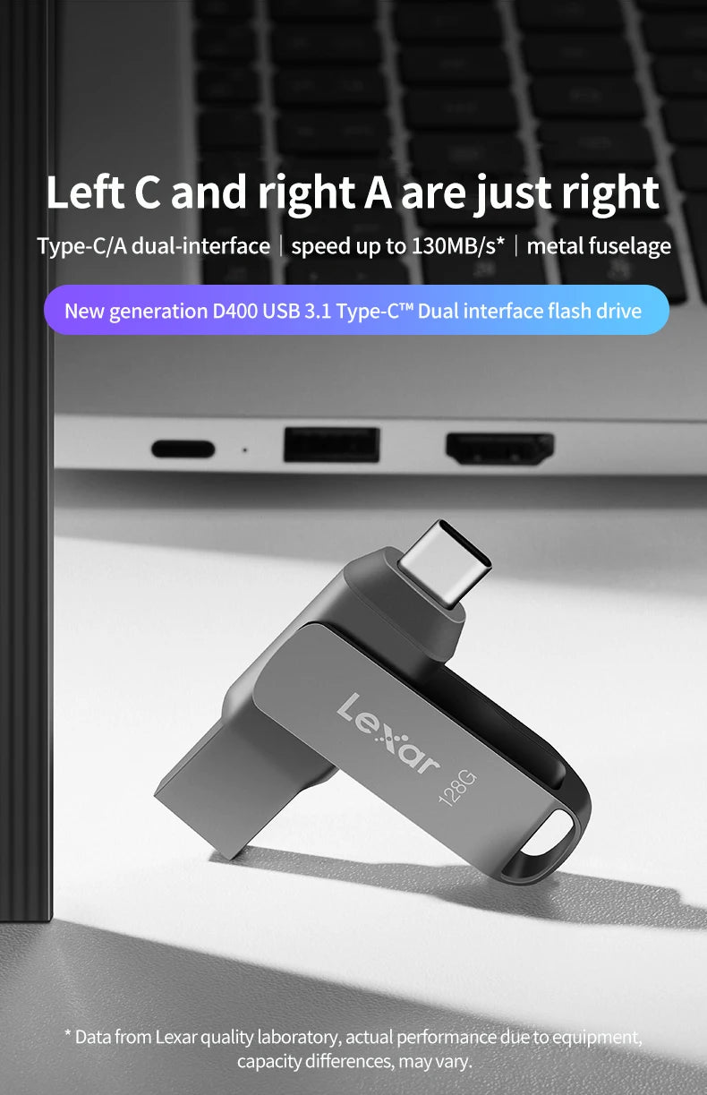 Lexar D400 USB Flash Drive USB 3.1 Type C/A Memory Stick Dual Slot USB Flash Drive 32GB 64GB 128GB 256G For Mobile Phone Compute