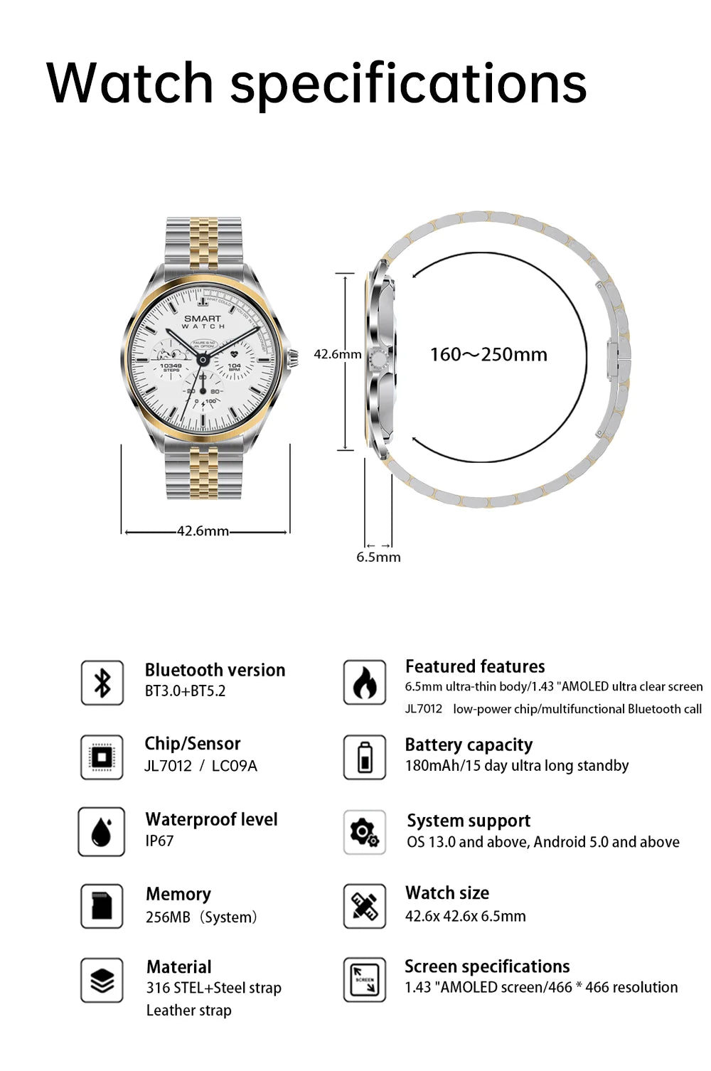 Smart Watch  6.5mm Ultra - Thin 1.43" AMOLED Screen Bluetooth Call 120+ Sports Modes for Daily & Sports