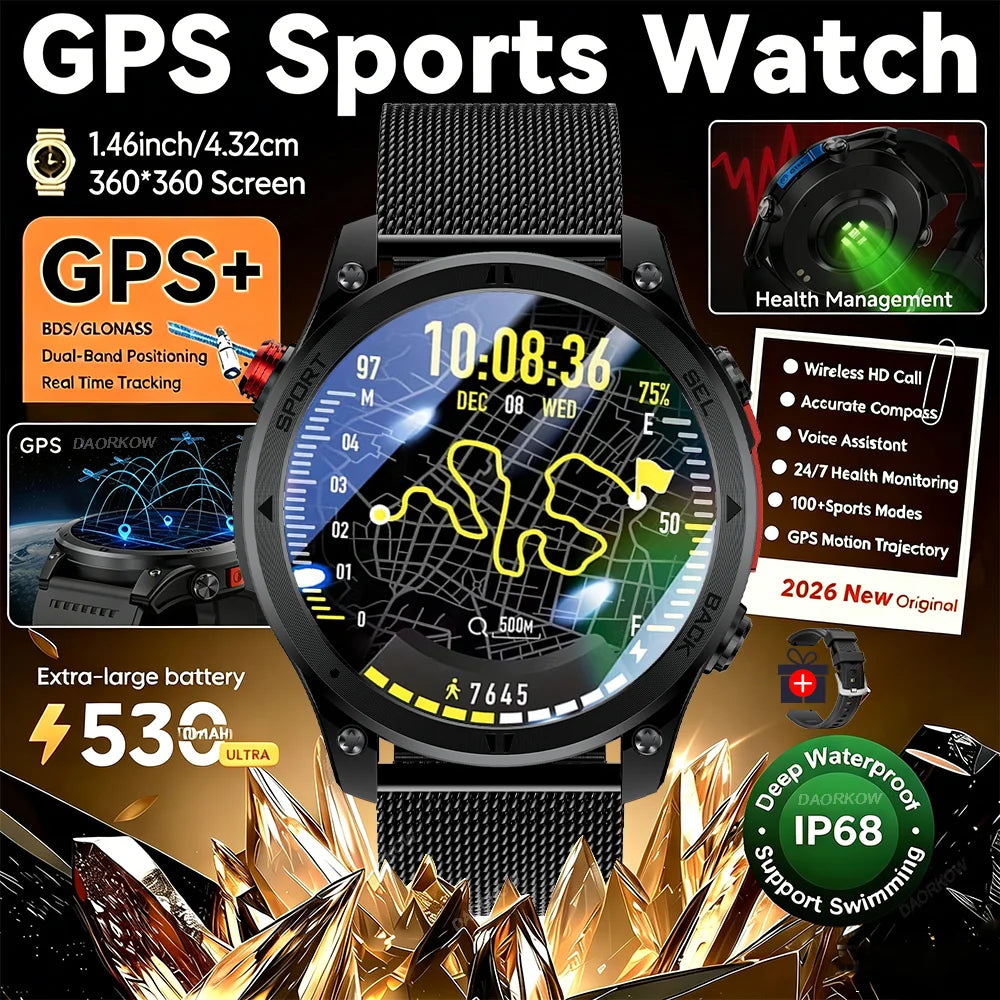 2026NEW Smart Watch Outdoors Sports MAN Bluetooth Call IP68 Waterproof Heart Rate GPS HD Screen Large Battery Health Monitoring