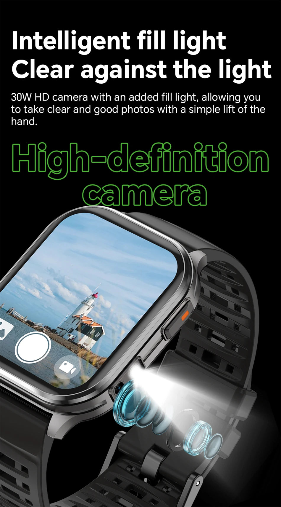 New Smartwatch Men Women Camera Take Photos Record Video Health Monitor Sports Fitness Waterproof Flashlight Call Smart Watches