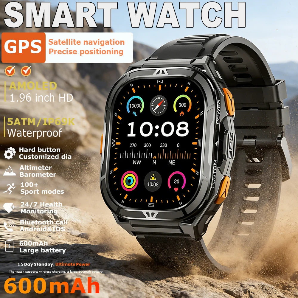 2026 New GPS Smart Watch Men 1.96-inch HD AMOLED Screen Compass Bluetooth Call 5ATM Waterproof Sport Smart Watch for Android iOS