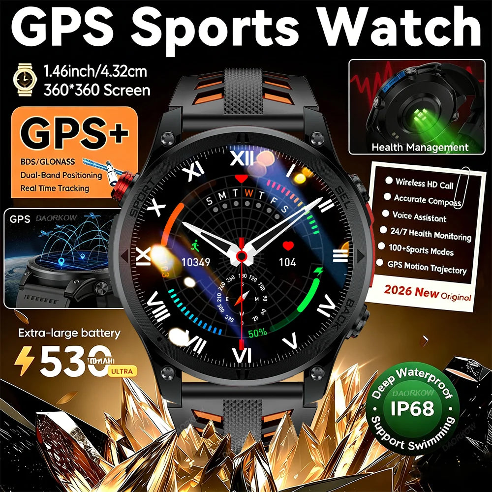 2026NEW Smart Watch Outdoors Sports MAN Bluetooth Call IP68 Waterproof Heart Rate GPS HD Screen Large Battery Health Monitoring