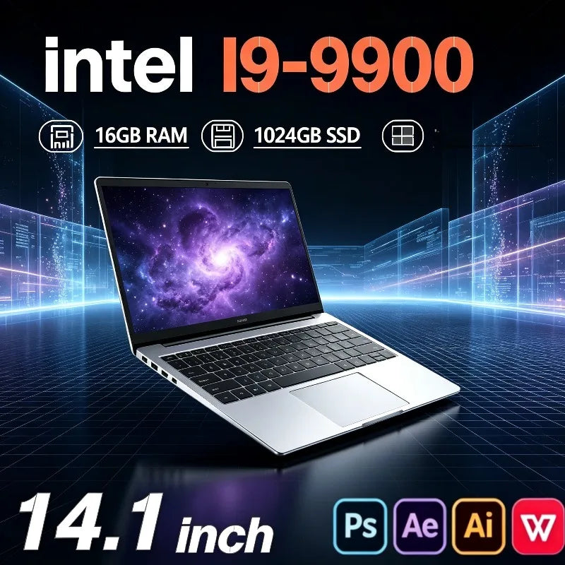 New 2026 Portable 14.1 Inch Notebook Intel Core i9 9900, 1TB/2TB SSD, 16GB DDR4,  for Office Gaming (PC Laptop) High Performance