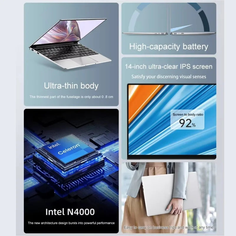 New Laptop Intel Core i7-9850H Atom A3950 Portable Laptop Windows11 Pro 12GB RAM 1TB 2TB M.2 SSD 14.1 inch Office Study Computer