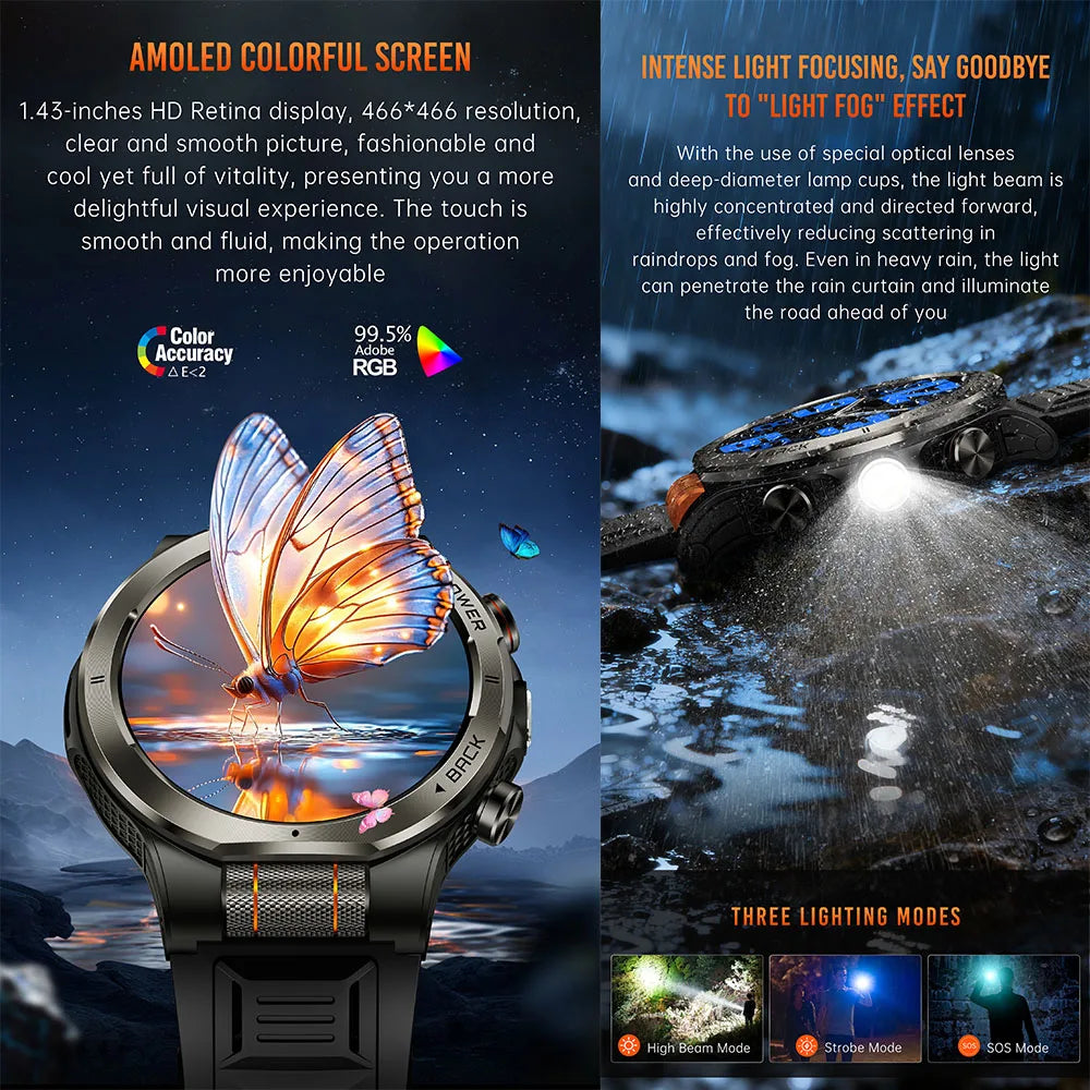 Smart Watch 1.43AMOLED Colorful Screen Highlight 1100mAh Battery Outdoor Compass 100+ Sports Mode Health Monitoring Smart Watch