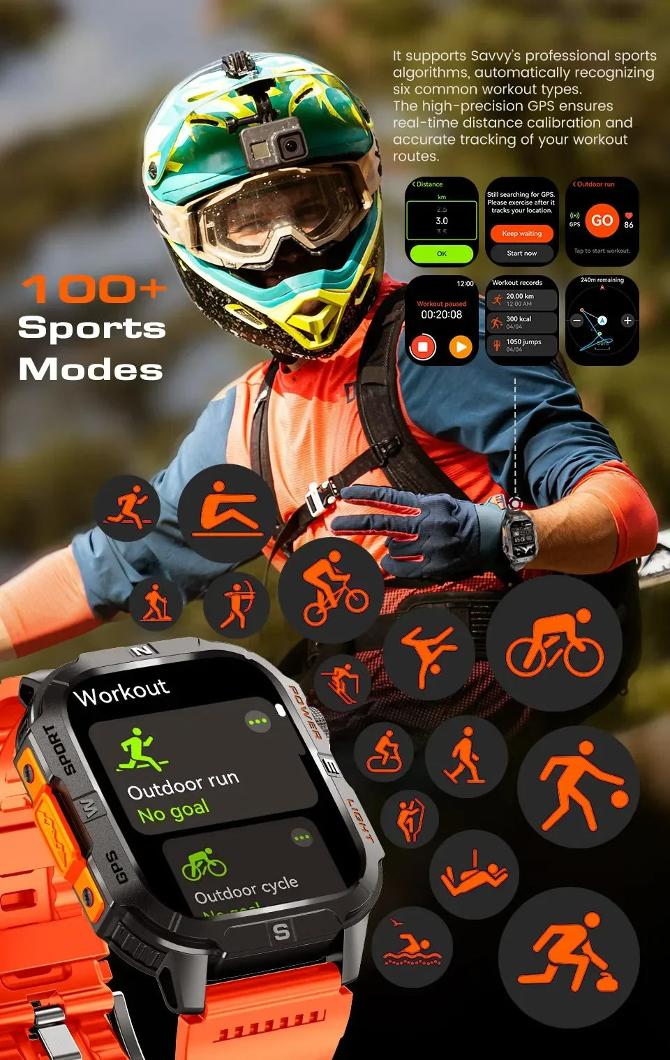 Smart Watch 2.01-inch HD Screen 540mAh 6 Satellite Positioning System 100+ Sports Modes IP68 Waterproof BT Call Smart Watch Men