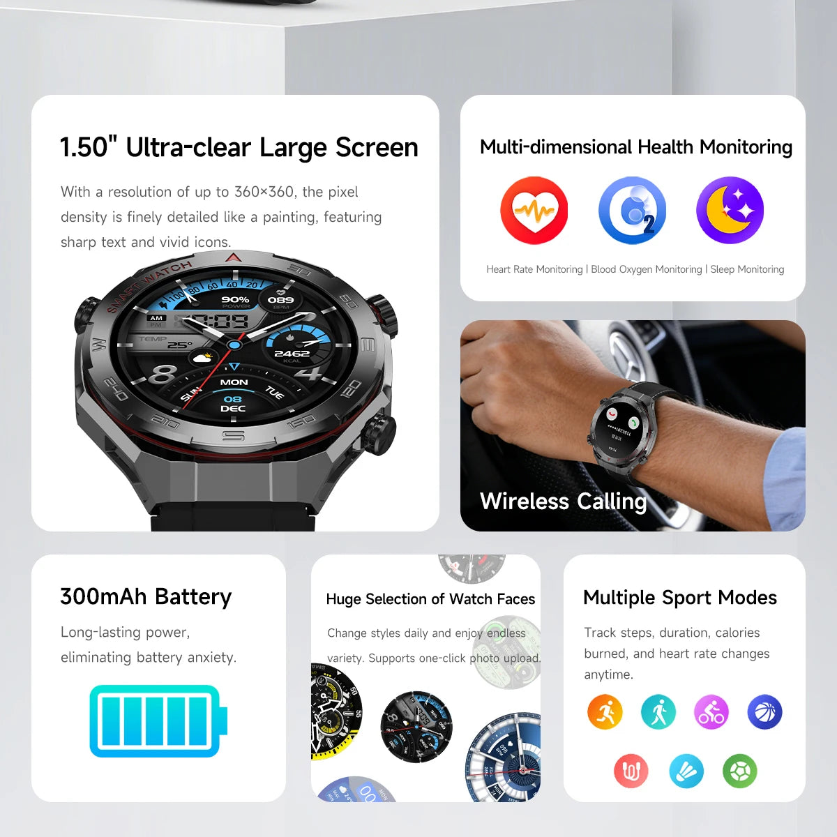 2026 smartwatch, 1.5-inch touchscreen, supports wireless calls, music, various sports modes, message sending and alarm functions