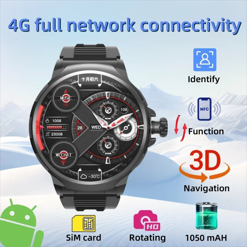 2025 New Smartwatch 1.85-inch Display High Definition Screen Android OS 4G SIM Card 180° Rotating Camera Waterproof WiFi GPS
