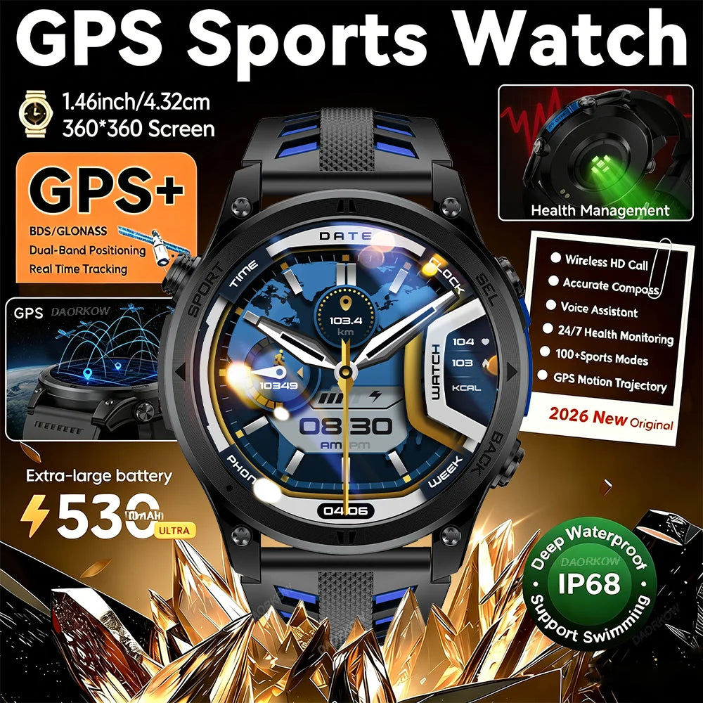 2026NEW Smart Watch Outdoors Sports MAN Bluetooth Call IP68 Waterproof Heart Rate GPS HD Screen Large Battery Health Monitoring