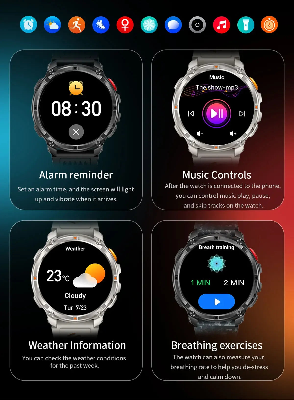 Smart Watch IP68 Waterproof Alarm Clock Reminder Music Control Breathing Training Exercise Mode Health Monitoring Smart Watch