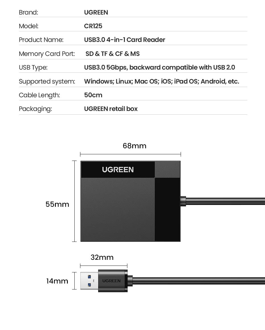 UGREEN Card Reader 4-in-1 USB3.0 USB-C OTG to SD CF Micro SD TF MS Card Adapter for Laptop PC Windows macOS Memory Card Adapter