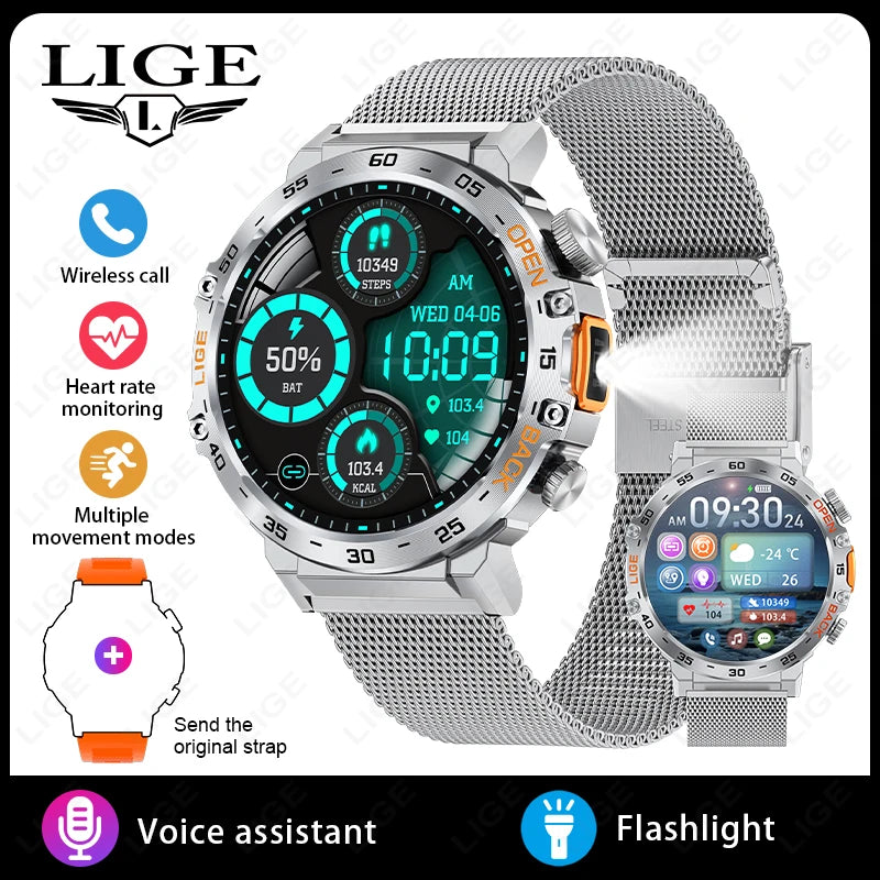 LIGE Smart Watch Men 360*360 AMOLED HD Screen Waterproof Sports Fitness Watches Flashlight Men Smartwatch For Andrio IOS 2026