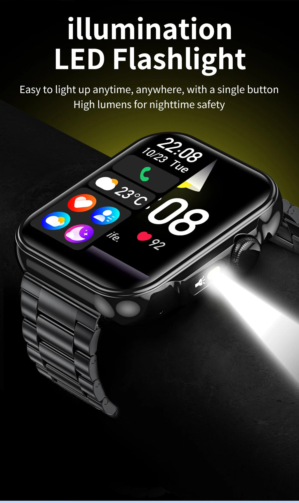 2025 Smart Watch Men 2.01‘’ HD Large Screen LED Flashlight Bluetooth Call Women's Fitness Tracker Waterproof Sports Smartwatch