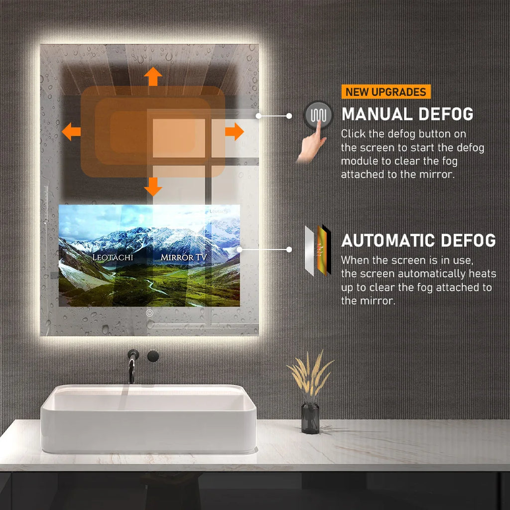 Smart Lighted Mirror With Touch Screen TV Tri-color Adjustable Light 2 in 1 Mirror TV Ideal for Hotels and RV