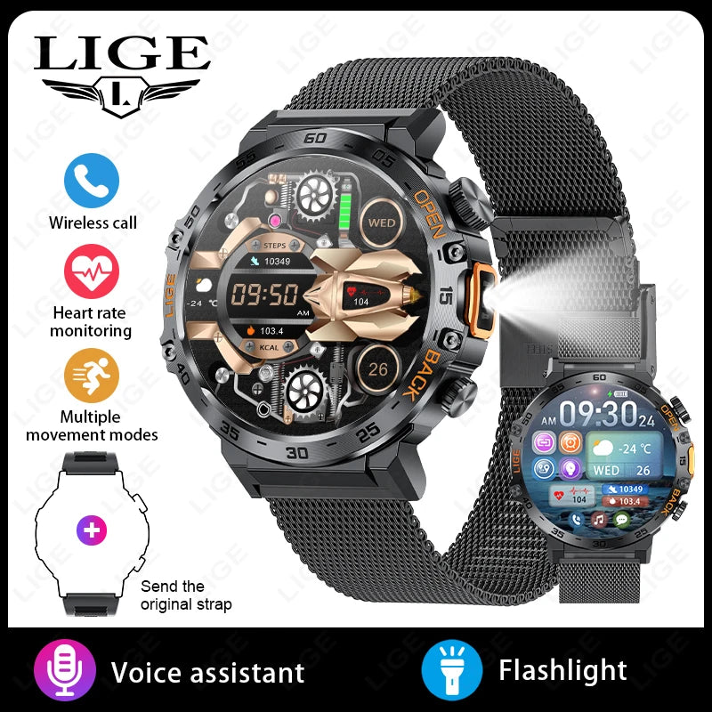LIGE Smart Watch Men 360*360 AMOLED HD Screen Waterproof Sports Fitness Watches Flashlight Men Smartwatch For Andrio IOS 2026