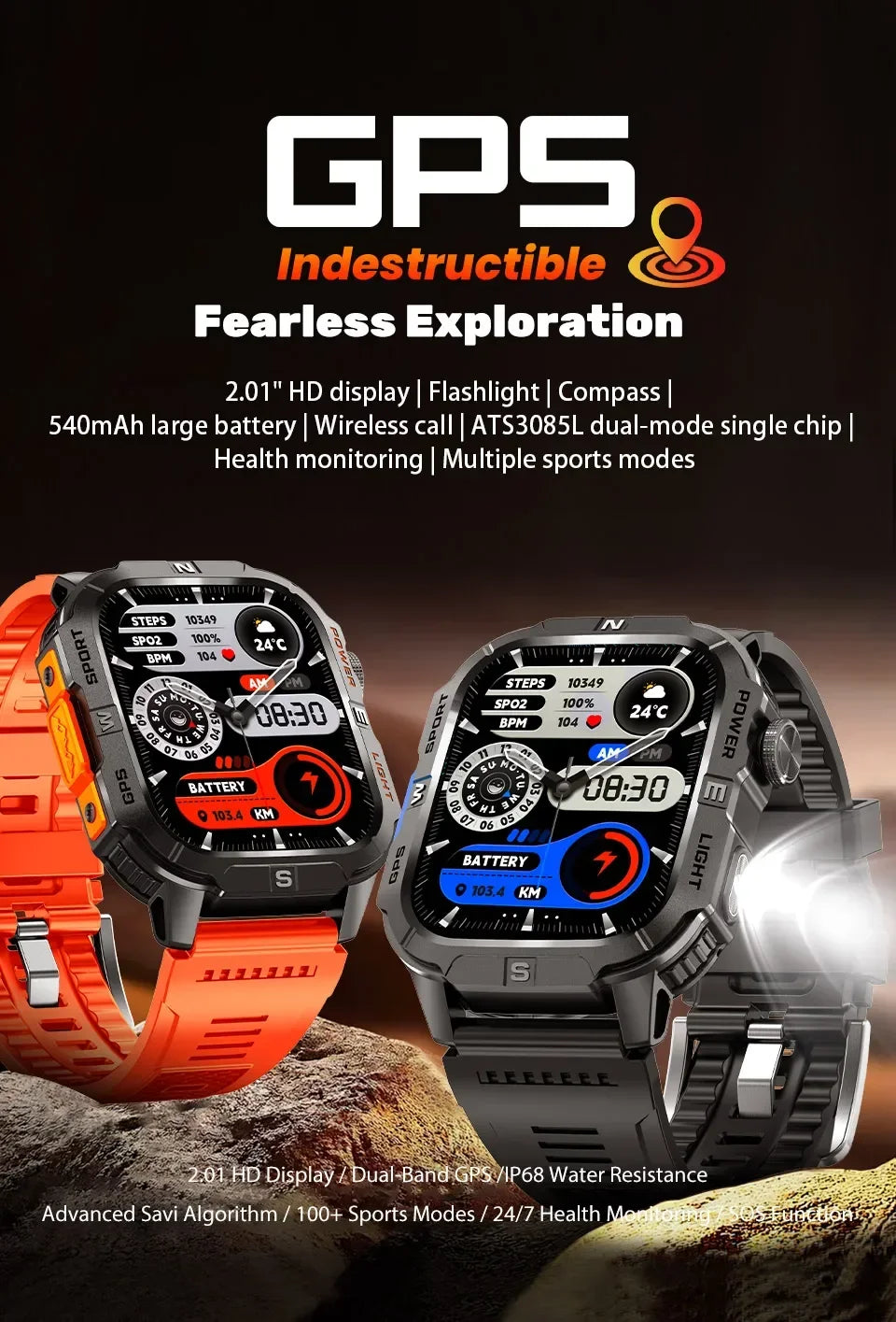Smart Watch 2.01-inch HD Screen 540mAh 6 Satellite Positioning System 100+ Sports Modes IP68 Waterproof BT Call Smart Watch Men