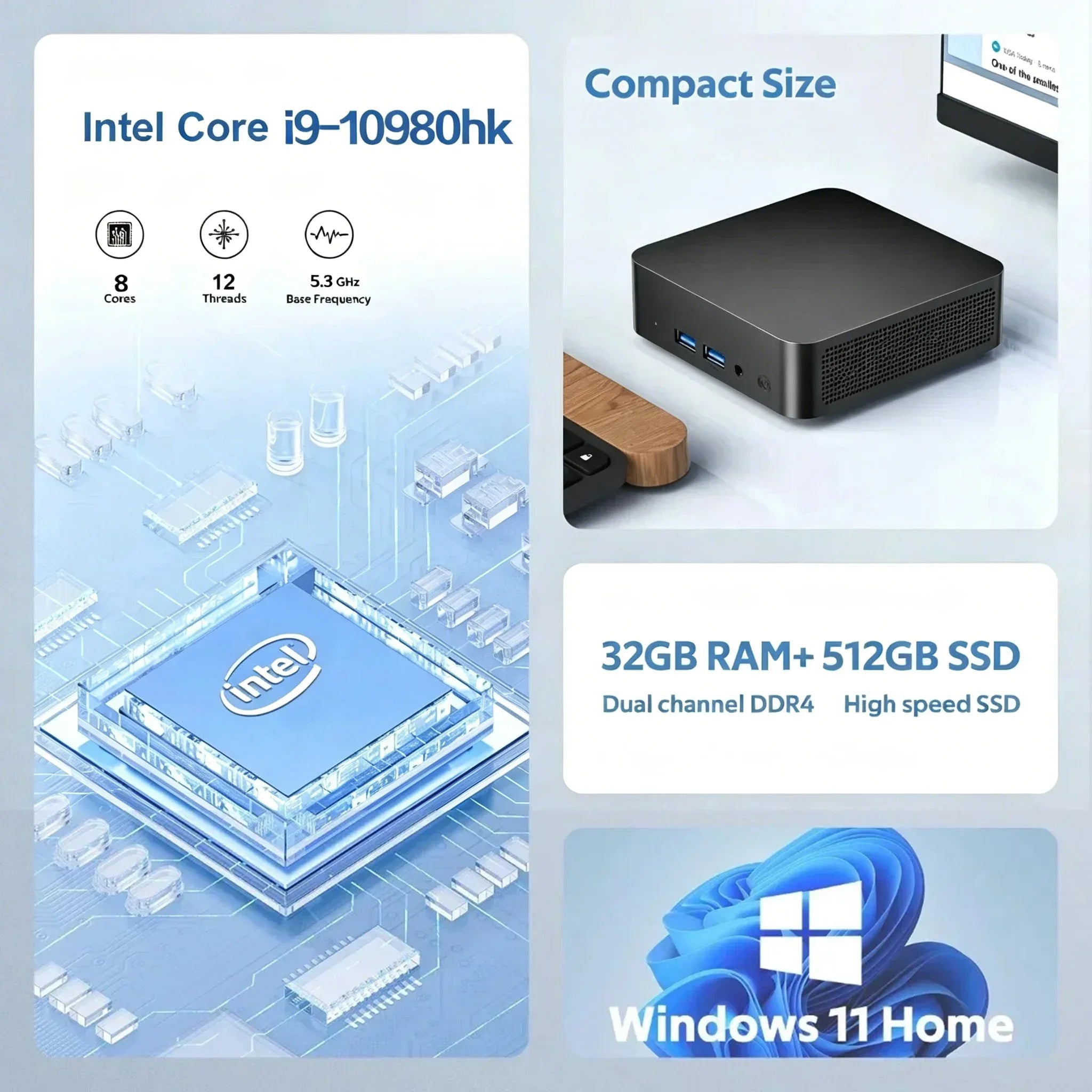 Windows 11 MiniPC Intel Core I9 10980HK 16GB 32GB RAM WIFI6 BT5.2 4K 1TB 2TB SSD 1000Mbps Protable Gaming Computer PC