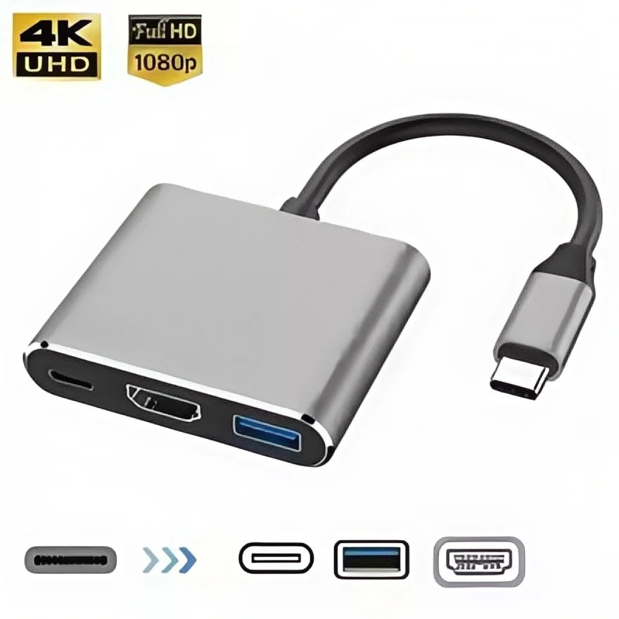 3 in 1 USB C male to female hub with 4K HDMI USB 3 0 and charging for MacBook Air 12 portable data transfer and display solution