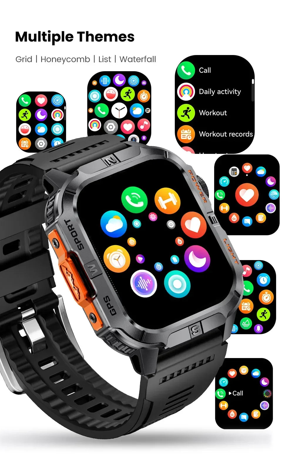 Smart Watch 2.01-inch HD Screen 540mAh 6 Satellite Positioning System 100+ Sports Modes IP68 Waterproof BT Call Smart Watch Men