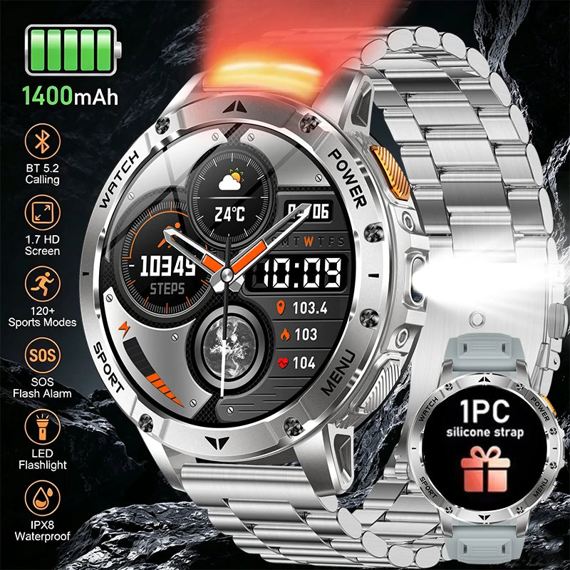 2026 Smartwatch,1400mAh battery,1.7"IPS screen,120+sports,SOS strobe alarm,IPX8 waterproof,LED light,BT Call,Xmas birthday gift