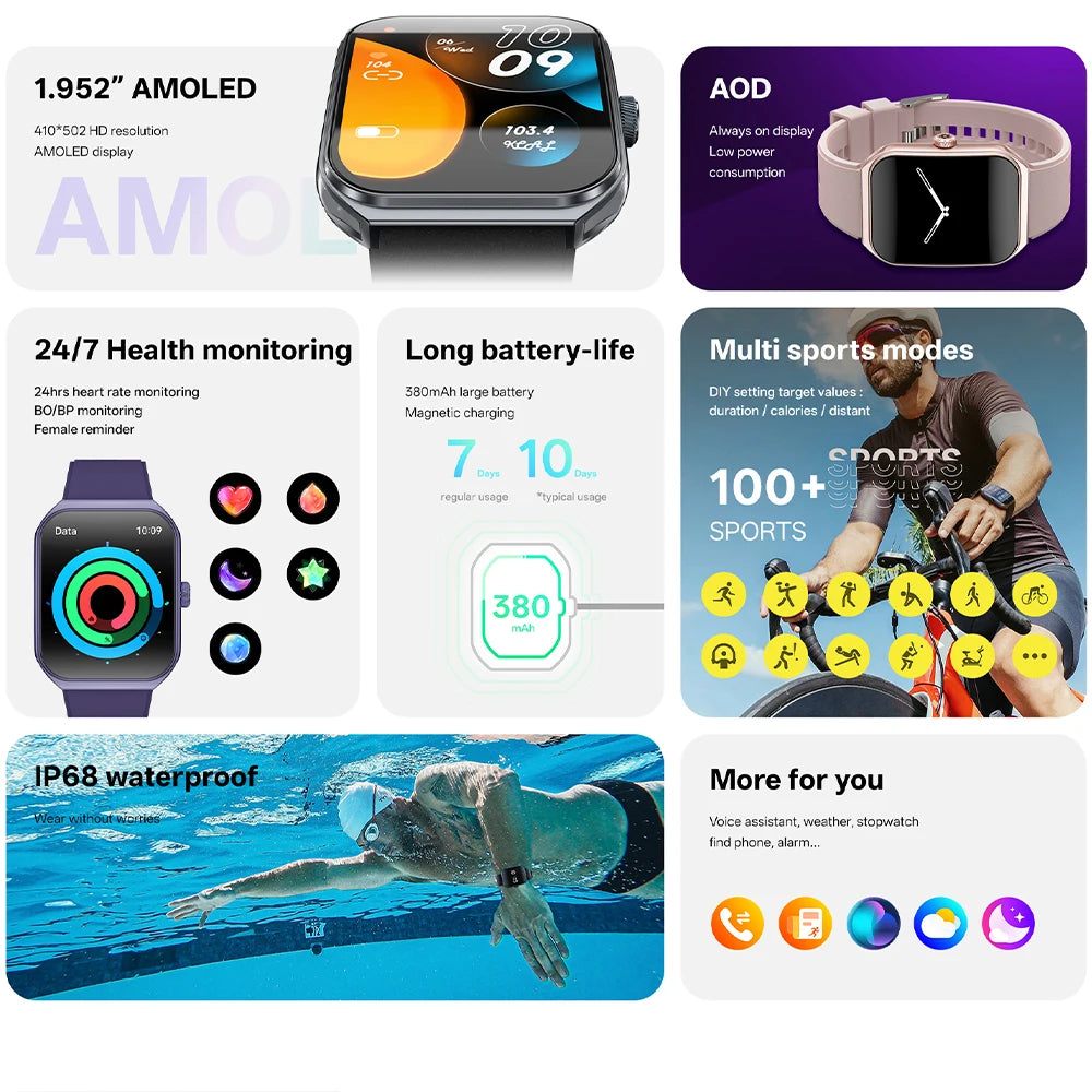 Smart Watch for Men's Women's 1.95-inch AMOLED HD Screen IP68 Waterproof 100+Sports Mode Fitness Tracker Heart Rate monitoring