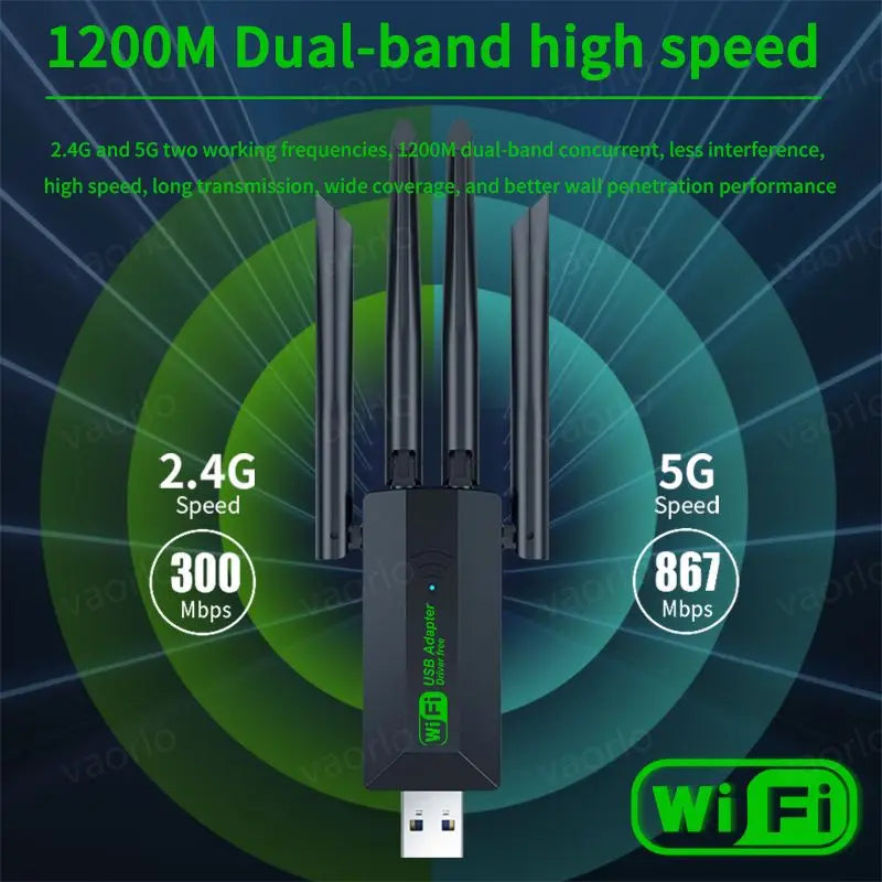 Original 4 Antennas 1200Mbps WiFi USB 3.0 Adapter 2.4G/5GHZ Dual Band WiFi Dongle Wireless Network Card 802.11AC For Win 10/11